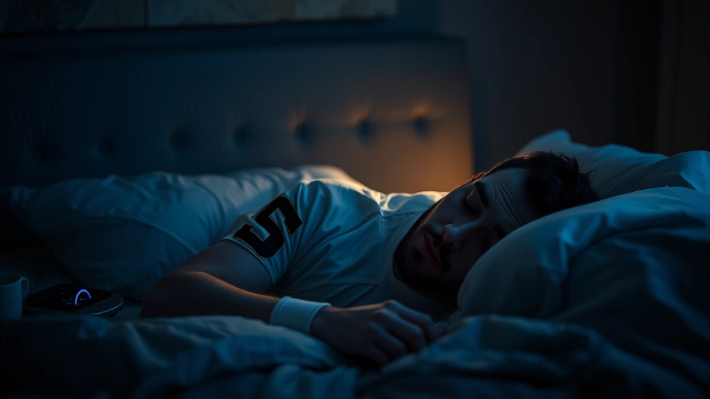 Football player sleeping peacefully in dark bedroom with cooling elements visible, peaceful recovery scene, representing sleep optimization and rest, nighttime recovery