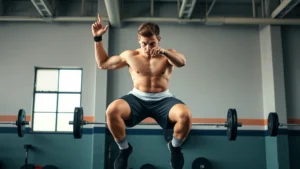 Athletic high school football player performing explosive box jump in modern weight room, demonstrating power development with perfect form and focused expression