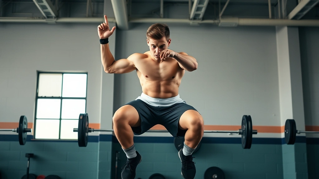 Athletic high school football player performing explosive box jump in modern weight room, demonstrating power development with perfect form and focused expression