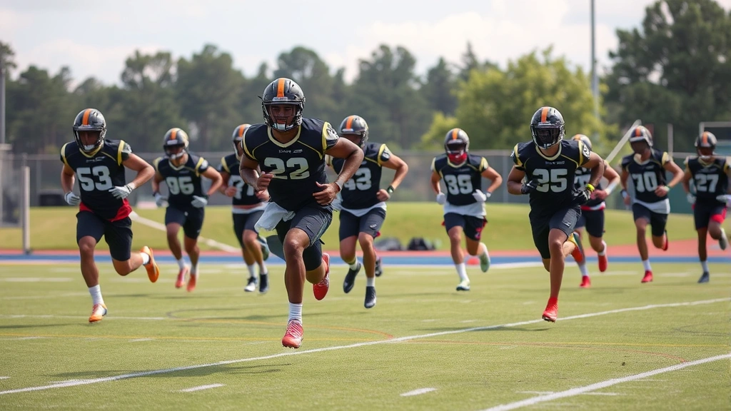 Team of GHSA football athletes performing high-intensity interval training sprint drills on field during afternoon session, showing intensity and commitment