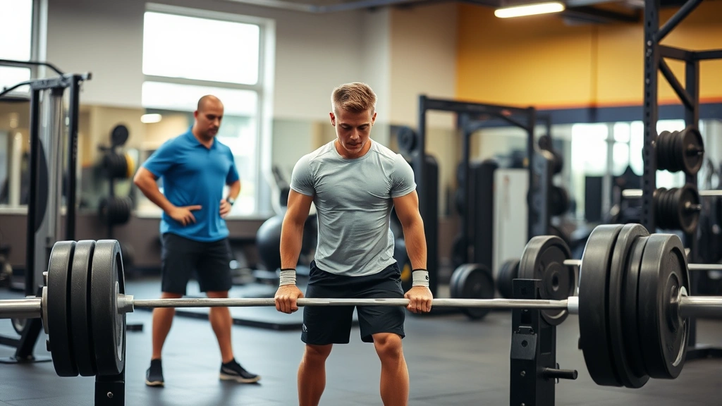 Young football player executing proper deadlift form with coach supervision in well-equipped strength training facility, emphasizing technique and progressive overload