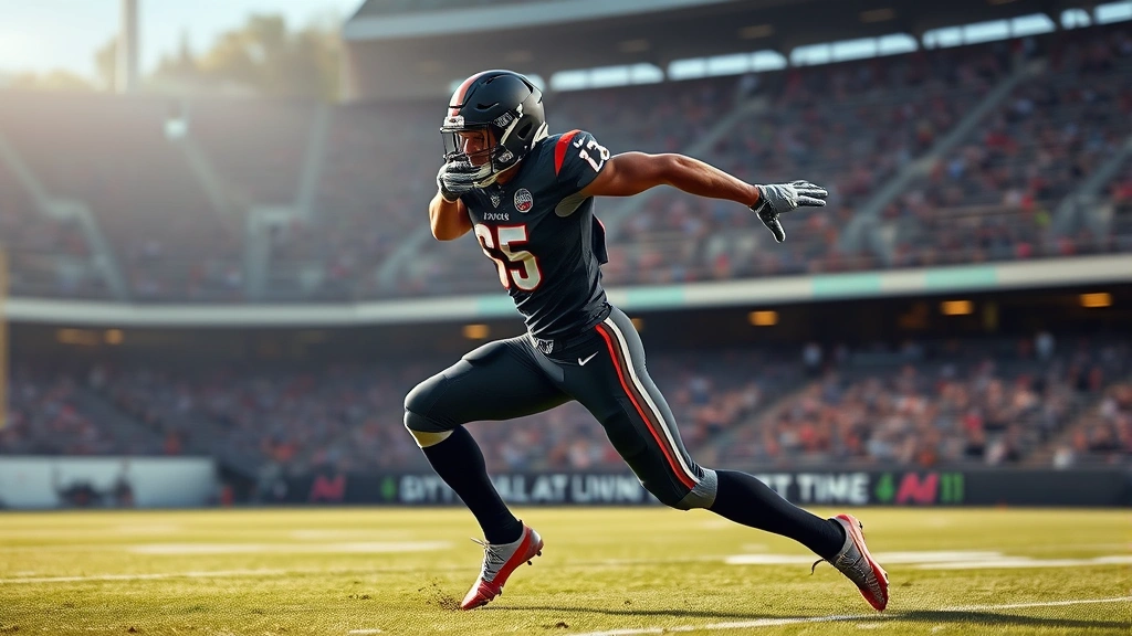 Athletic football player in compression girdle executing explosive lateral cut on field, dynamic motion blur, grass detail, professional stadium lighting, side angle showing hip stability and body control