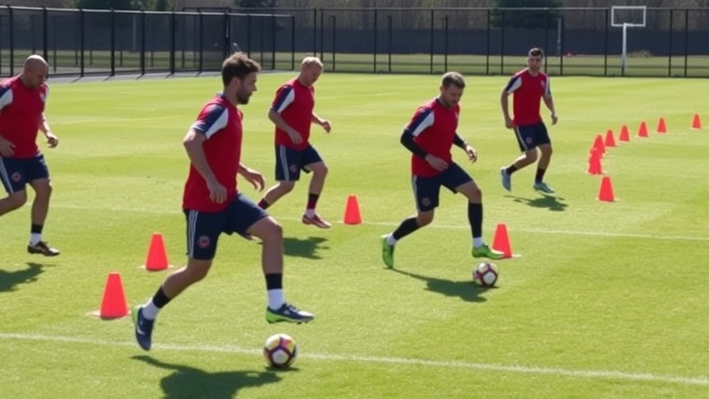 Football training session showing multiple players performing agility ladder drills and cone weaving exercises, outdoor field, bright natural lighting, dynamic movement, focus on footwork and directional changes