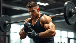 Athletic football player performing explosive power clean exercise with proper form, intense focused expression, well-lit gym environment, dynamic movement captured mid-lift