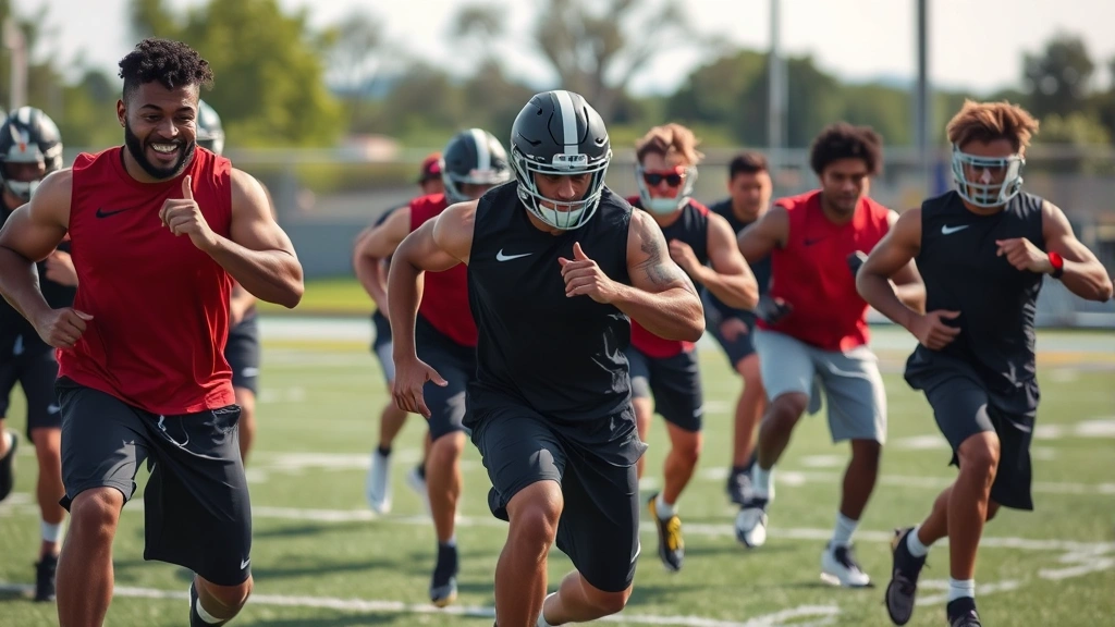 Team of diverse college football players executing group conditioning drill with high-intensity effort, outdoor field setting with natural lighting, demonstrating explosive movement patterns
