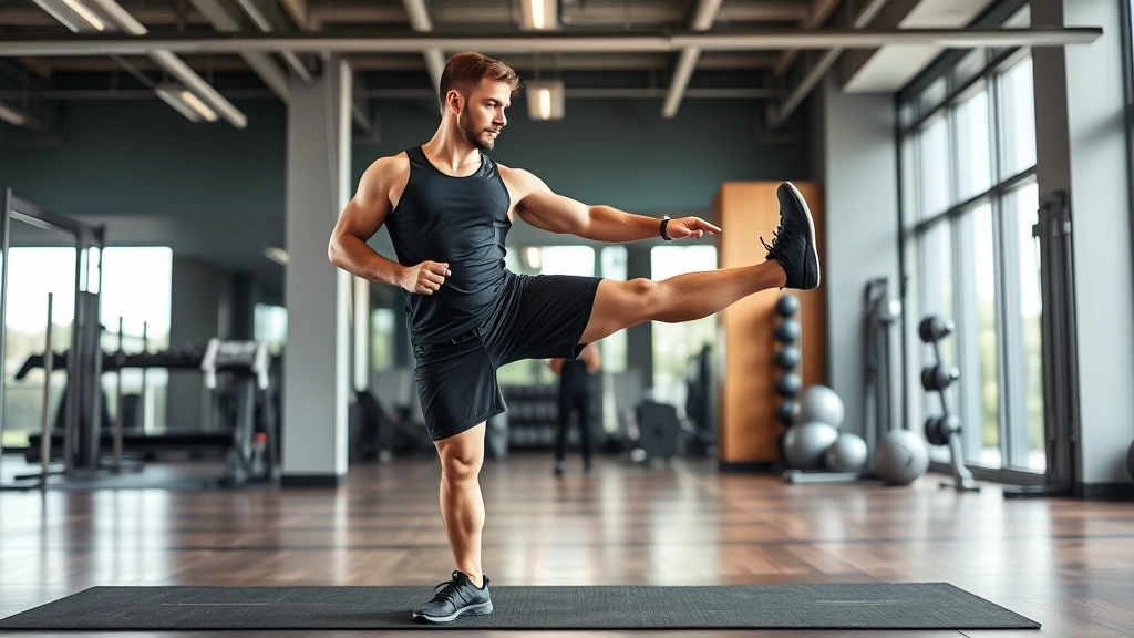 Athlete performing single-leg stability exercise with perfect balance and control, modern gym facility, professional athletic wear, concentration and proper form highlighted