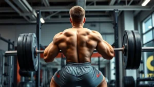 Athletic male college football player performing a heavy barbell back squat with perfect form in a modern university weight room, intense focus and muscular definition visible, bright professional lighting