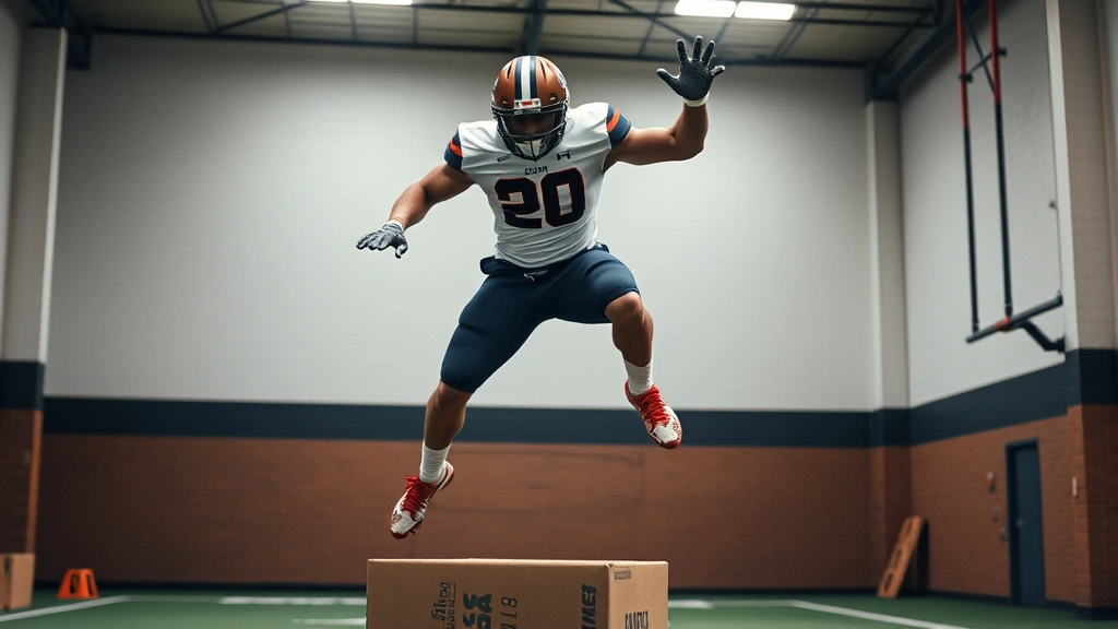 Explosive action shot of a college football linebacker performing a box jump with maximum effort and height, athletic wear, dynamic movement captured mid-air in a training facility