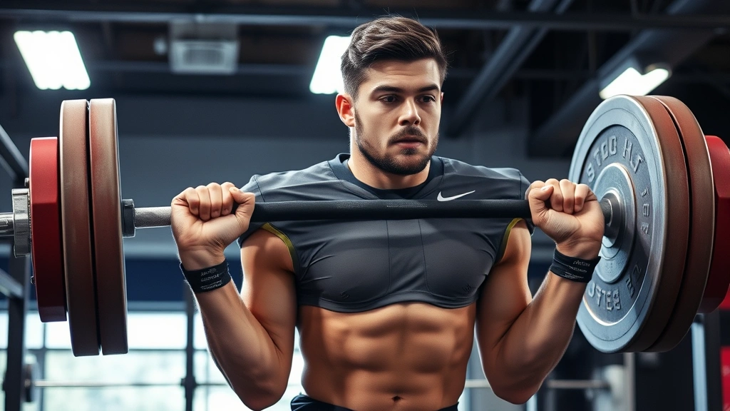College football player executing an Olympic weightlifting movement, clean and jerk or power clean position, concentrated expression, professional gym setting with proper lighting and equipment