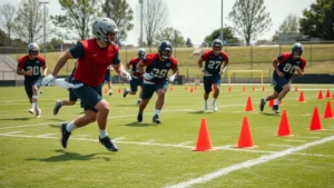 Professional football players performing explosive agility cone drills on grass field during intense training session, multiple athletes cutting around cones at high speed, athletic wear, outdoor daylight