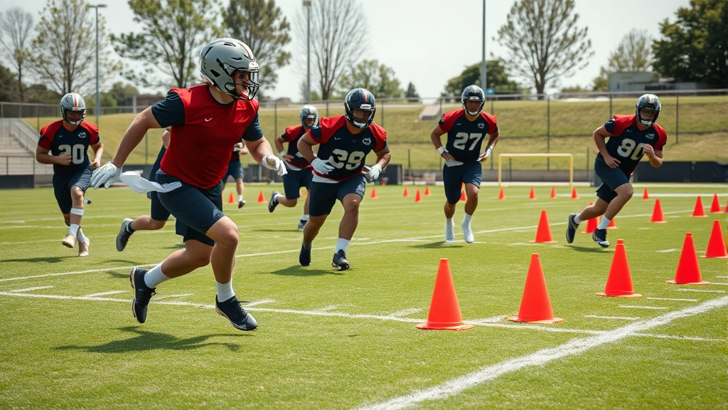 Professional football players performing explosive agility cone drills on grass field during intense training session, multiple athletes cutting around cones at high speed, athletic wear, outdoor daylight