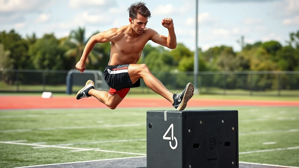Athlete performing powerful box jump with perfect form, explosive upward motion, focused expression, outdoor training field background, athletic shoes, dynamic movement captured mid-jump