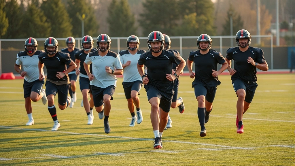 Football team performing group conditioning drill together on field, players sprinting in formation, visible fatigue and intensity, late afternoon training lighting, grass field, professional athletic environment