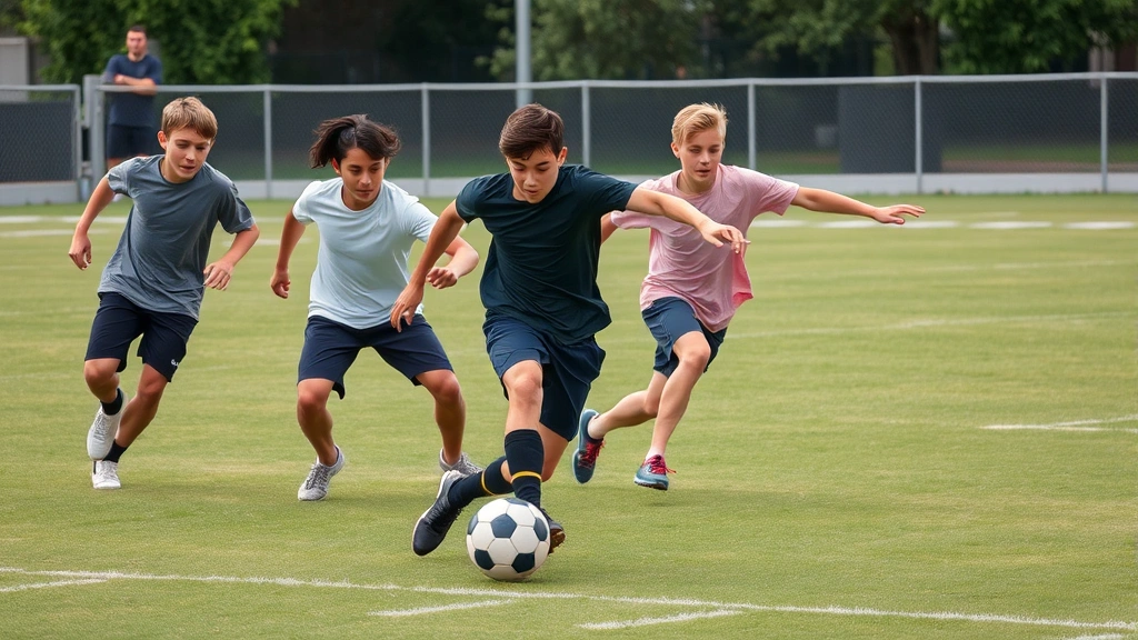 Dynamic young athletes in casual athletic wear executing explosive lateral cuts on grass field during informal street football game, showing intense focus and mid-movement agility
