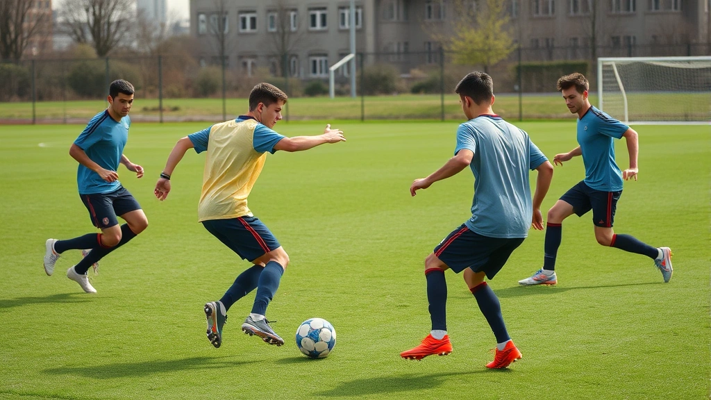 Multiple football players demonstrating rapid directional changes and balance during unstructured small-sided game on open green space, capturing reactive movement and spatial awareness