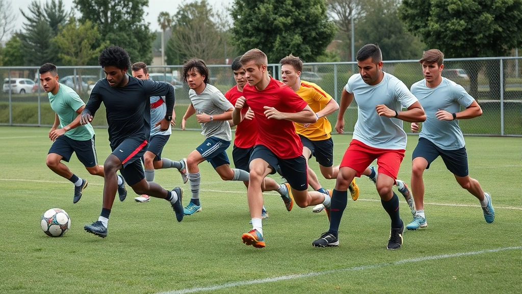 Diverse group of athletes in mid-sprint transition, performing sharp cutting movements on grass during casual street-style football session, emphasizing core engagement and proprioceptive control