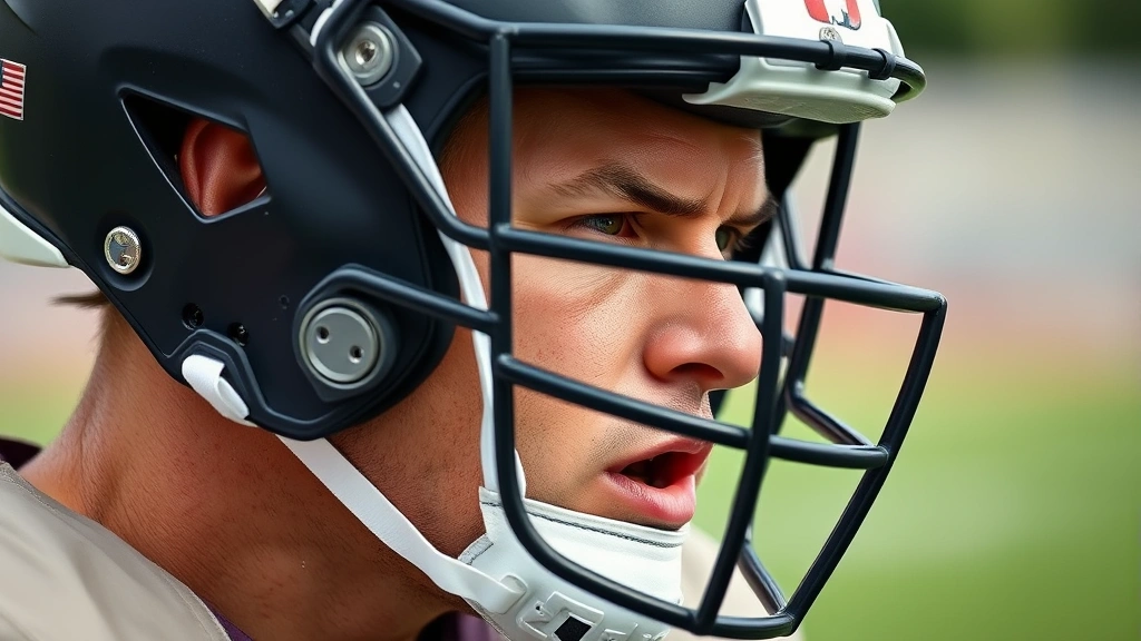 Professional football player wearing a guardian cap during high-intensity practice drill, showing the protective padding clearly visible on helmet exterior, intense focus on face, sweat visible, outdoor field setting