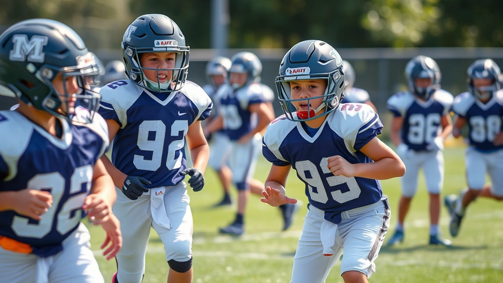 Youth football players in full protective gear including guardian caps during team practice, multiple players visible, showing adoption at developmental level, bright daylight, natural athletic movement captured