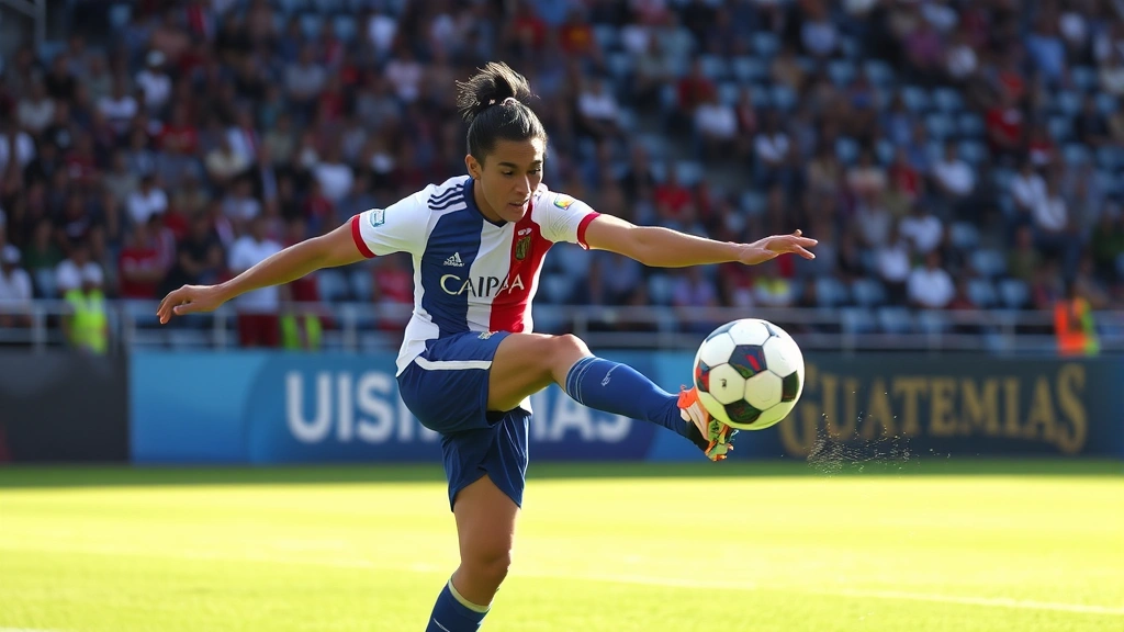 Guatemalan soccer player executing powerful strikethrough in professional match, intense facial expression, stadium background with crowd, dynamic action shot, professional kit visible