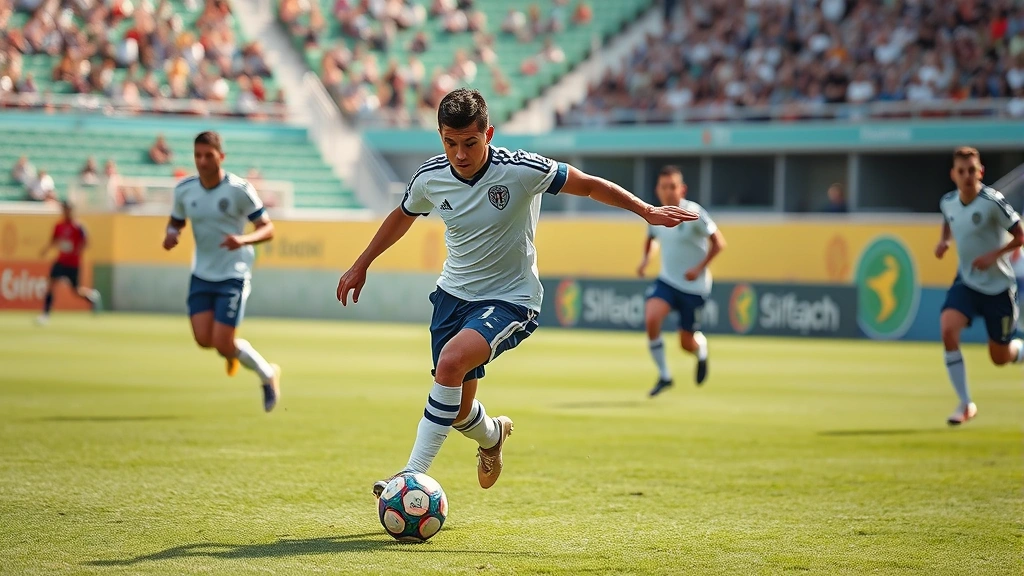 Central American football midfielder in possession control during competitive match, ball at feet, defenders approaching, focused concentration, green pitch, natural stadium lighting
