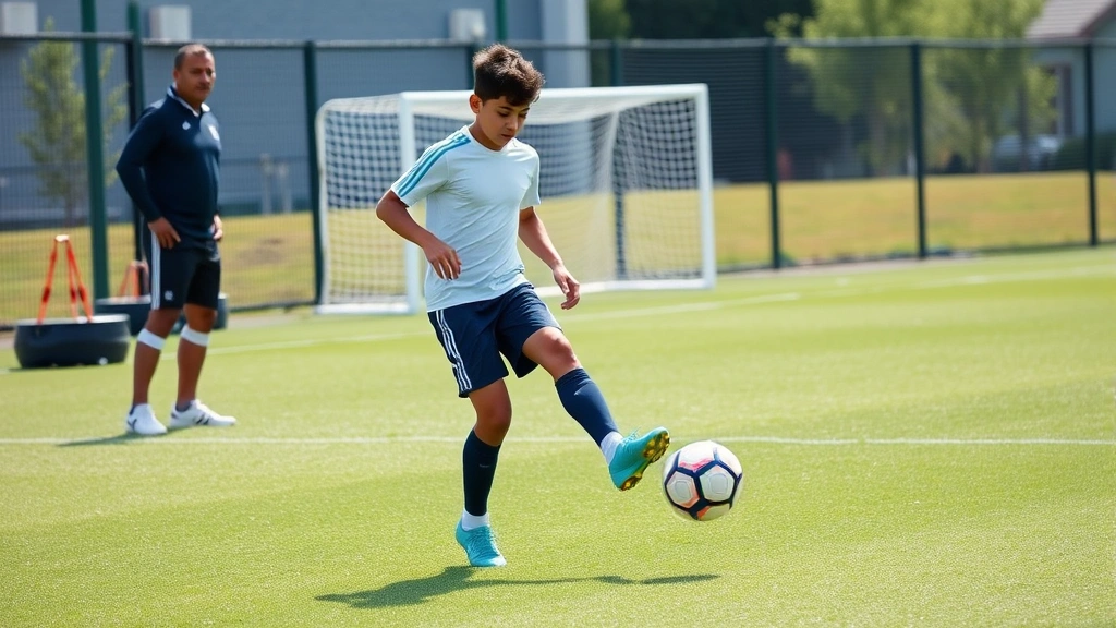 Young Guatemalan football prospect training at professional academy facility, technical ball control drill, coach observing in background, modern training ground equipment, development focused