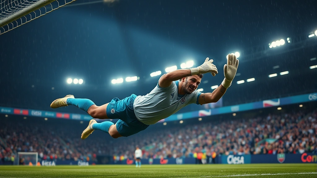 Professional football goalkeeper making diving save during international match, stadium lights in background, intense action shot, athletic form captured mid-dive, wet grass visible