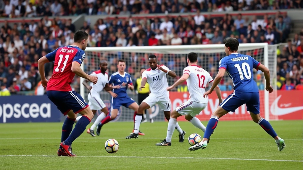 Football strikers in attacking formation during international match, players positioning for goal-scoring opportunity, goalkeeper visible in background, tactical positioning and movement demonstrated
