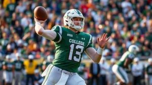 College football quarterback in green and white GVSU uniform dropping back to pass during afternoon game, dynamic action shot with blurred crowd background