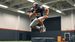 College football player performing explosive box jump in modern training facility, muscular athlete mid-air with focused intensity, athletic shoes and training gear visible, bright gym lighting