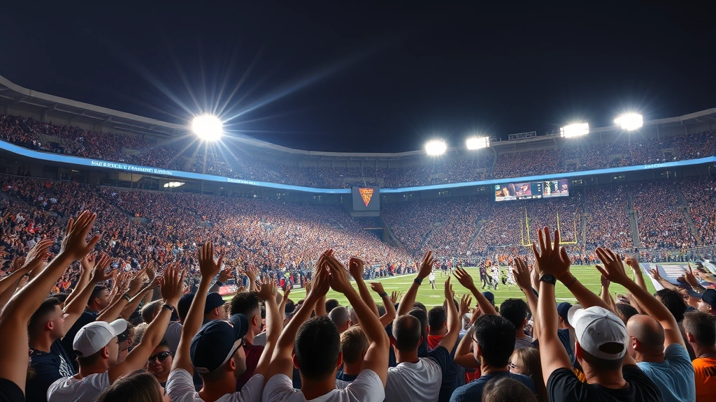 Packed stadium crowd cheering during night football game, fans celebrating touchdown with hands raised, electric atmosphere under bright stadium lights