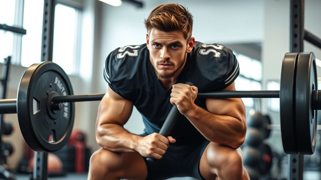 College football player performing explosive barbell squat in modern strength training facility with proper form and intensity, sweat visible, concentrated expression