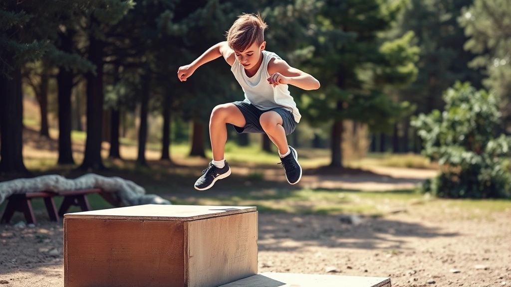Young athlete doing dynamic plyometric box jump training outdoors on natural surface, mid-jump with explosive power, athletic movement captured in action
