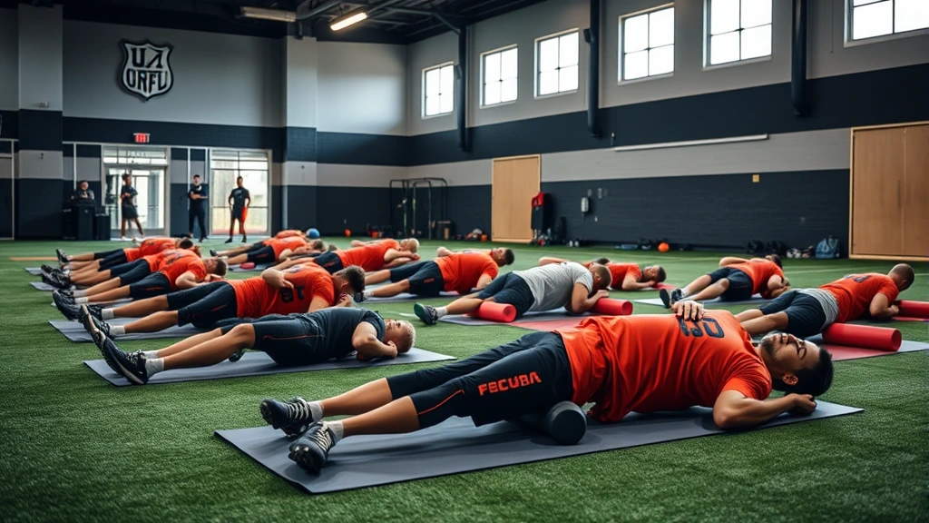 Football team doing group recovery session with foam rolling and mobility work, athletes on mats in team facility, focused on injury prevention and flexibility