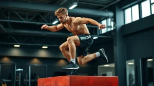 Athletic male football player performing explosive box jump with perfect form in modern gym facility, dynamic mid-jump position with focused expression, professional lighting
