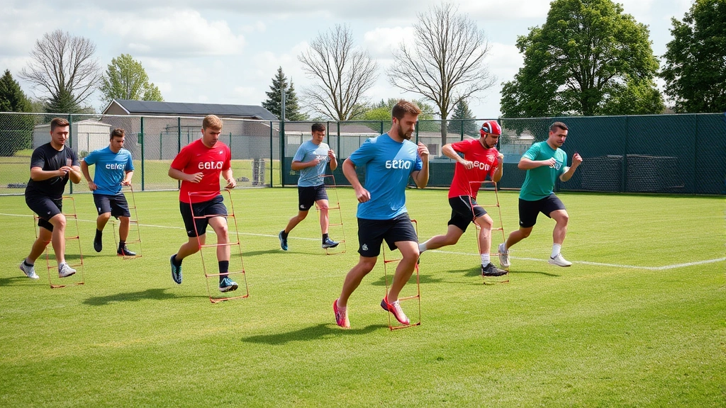 Diverse group of athletes performing agility ladder drills outdoors on grass field, multiple players in various ladder patterns showing coordination and speed training