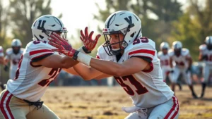 High school football player in full uniform executing perfect blocking technique during live game play, intense focused expression, muddy field, afternoon sunlight, realistic sports photography