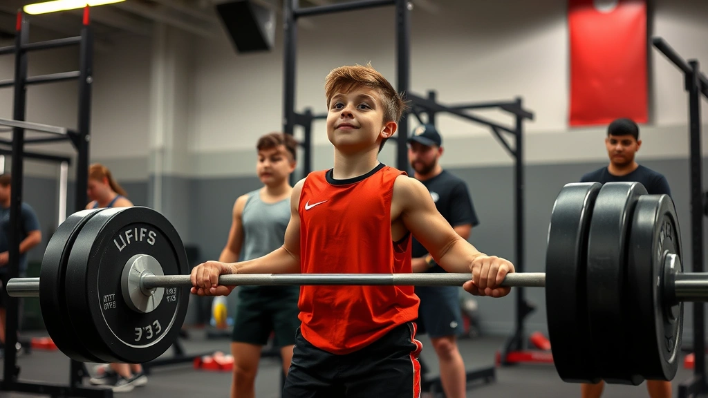 Young athletes performing Olympic weightlifting in modern high school weight room, proper form during power clean exercise, spotters present, motivated expressions, professional strength training facility