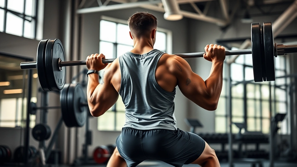 Athletic male high school football player performing explosive barbell back squat in modern gym with proper form, intense concentration, professional lighting, natural daylight from windows