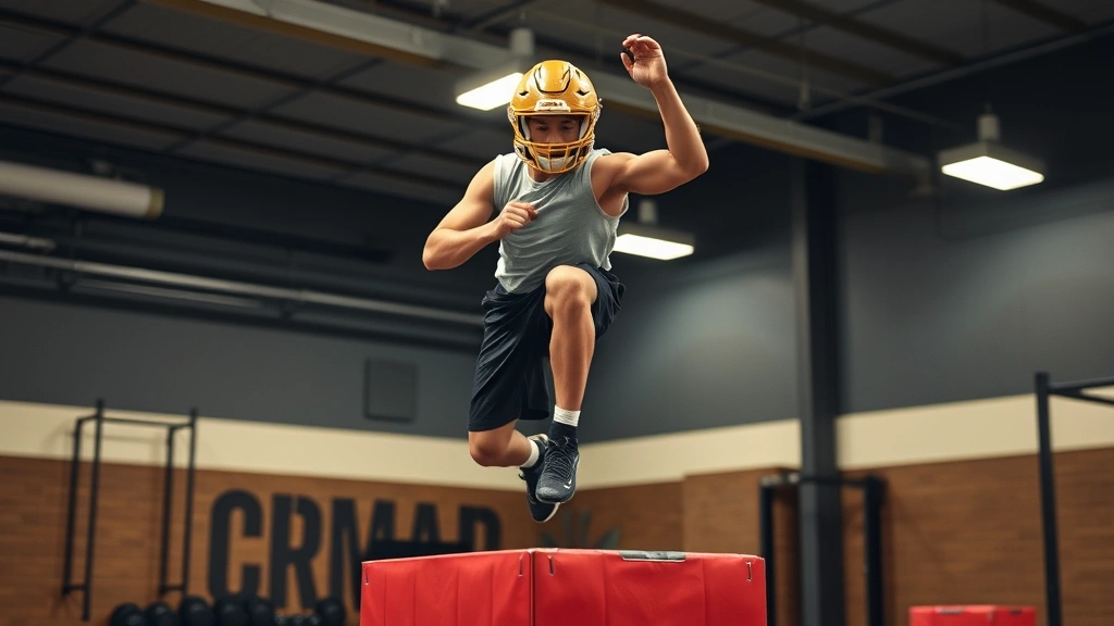 Young football athlete executing powerful box jump in training facility, explosive movement captured mid-air, muscular definition, athletic wear, motivational gym environment