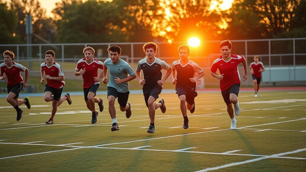High school football players performing interval sprint training on outdoor field at sunset, multiple athletes sprinting, real game-like conditioning, fatigue visible but determined expressions