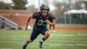 Athletic high school football player performing intense sprint training drill on practice field with focused expression and dynamic body position