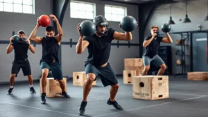 High school football players executing explosive power training with medicine balls and plyometric boxes, dynamic athletic movement in professional facility, intense focused training session