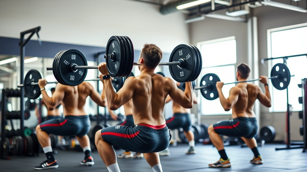 High school football players performing barbell back squats in weight room with proper form, athletic teenage males lifting heavy weights, focused intensity, professional gym setting with proper lighting