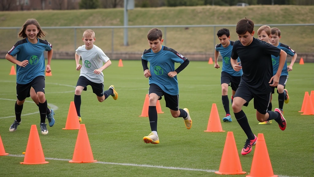 Young football athletes performing dynamic agility drills through orange cones on grass field, lateral movement and directional changes, multiple players demonstrating explosive footwork during cone drill circuit