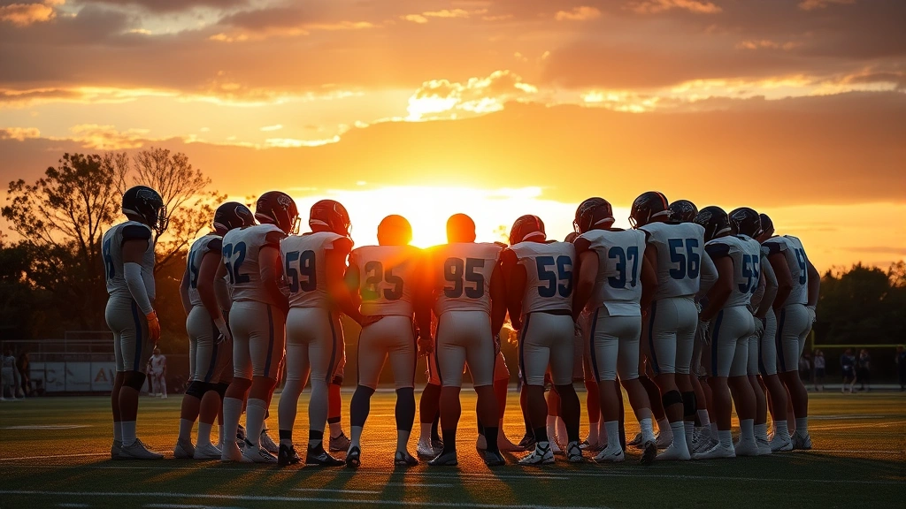 Football team gathered together in huddle formation on field at sunset, players in shoulder pads showing unity and teamwork, emotional connection and leadership, motivational team moment before game
