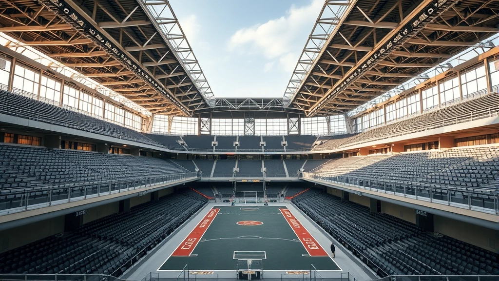 Professional stadium architecture showcasing modern safety features with wide concourses, clear emergency exits, and barrier-free crowd movement areas, daytime lighting, empty venue, contemporary design