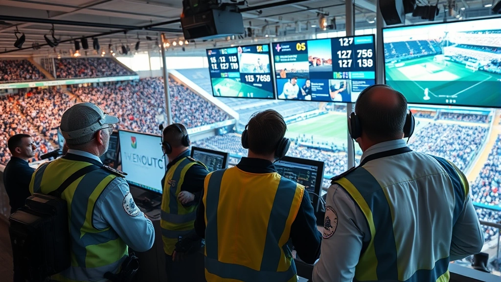 Stewards and security personnel monitoring large crowds from elevated control position using CCTV screens and communication equipment, professional stadium operations center, multiple monitors displaying different venue areas