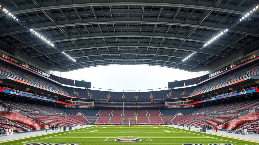 Modern football stadium interior showing all-seating configuration with clear sight lines, proper spacing between sections, accessible emergency routes, professional lighting, empty seats ready for spectators