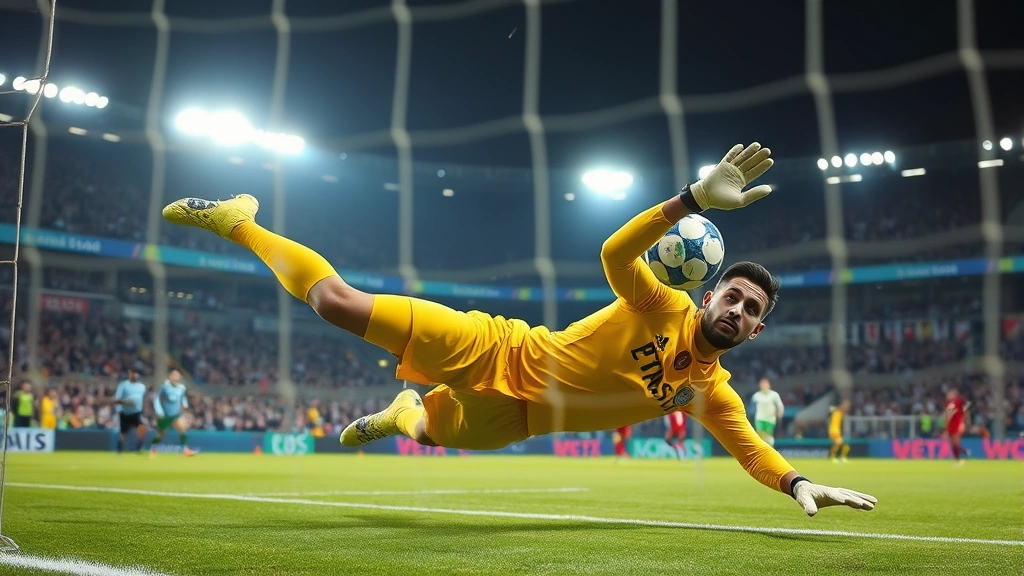 Professional football goalkeeper in bright yellow kit making diving save during international match, stadium lights in background, intense action captured mid-dive