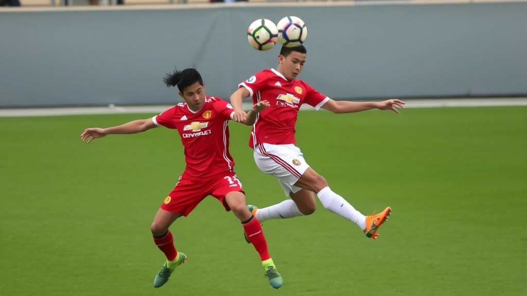 Two opposing football players competing for aerial ball in midfield, one in white Manchester United kit one in Hong Kong red, both jumping with determination